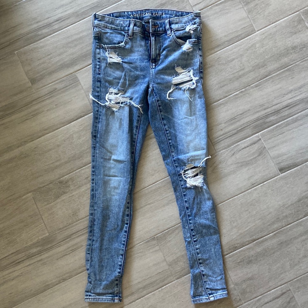 Jean Femme American Eagle – Taille 2L, Skinny, Délavé Clair, Super Stretch, Vieilli (occasion Très Bon état)
